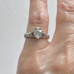 Sterling Silver Claddagh CZ Heart Ring, Irish Rings, April Birthstone Ring